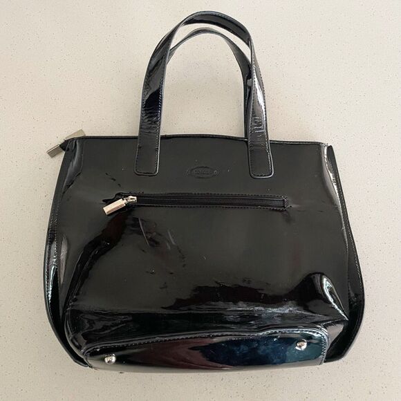 Tosoco Black Suede Patent Leather Purse Shoulder Tote Floral Embellishment - Picture 2 of 9